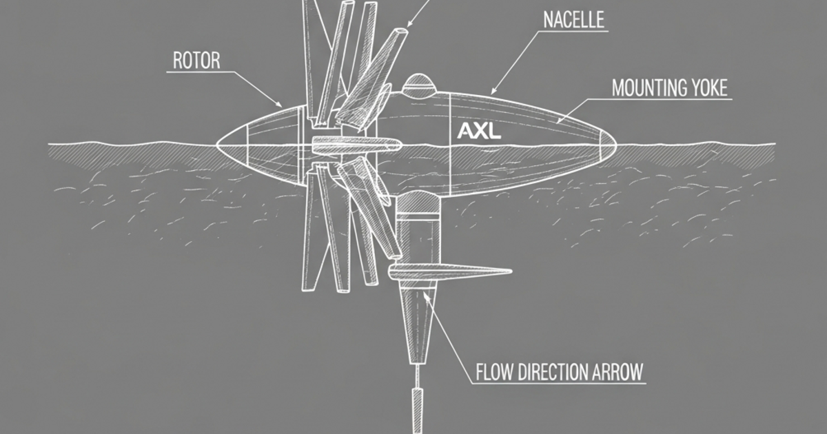 Patent-style cross-section of an AXL ocean-current turbine with labeled rotor, nacelle, mounting yoke, and flow direction.